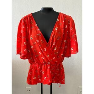 ASTR The Label Novelty Print Top Blouse Flatter Sleeve Size Large Red